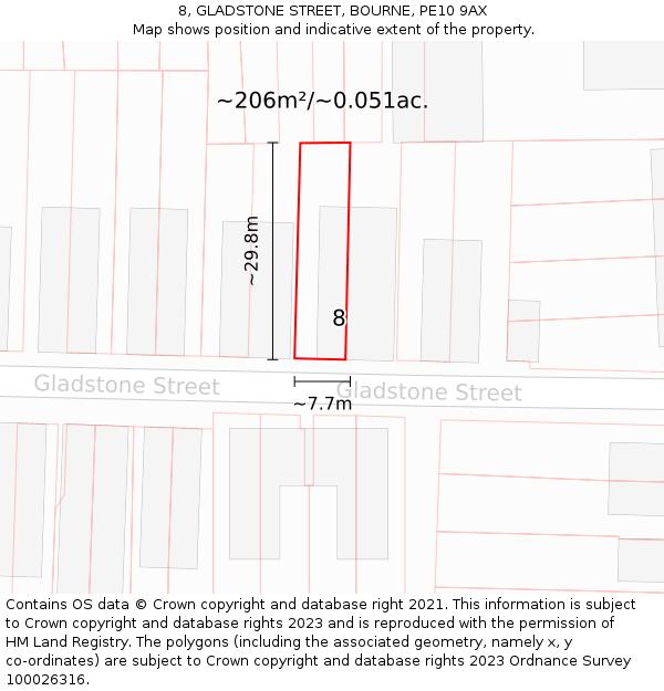 8, GLADSTONE STREET, BOURNE, PE10 9AX: Plot and title map