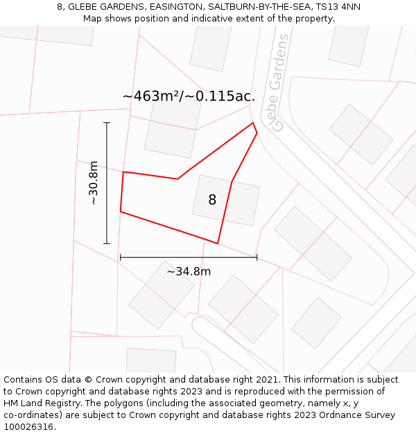 8, GLEBE GARDENS, EASINGTON, SALTBURN-BY-THE-SEA, TS13 4NN: Plot and title map