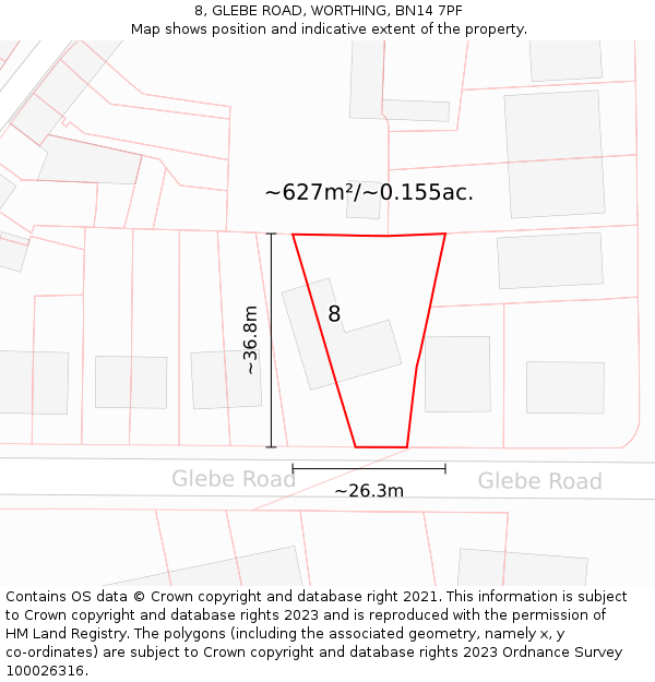 8, GLEBE ROAD, WORTHING, BN14 7PF: Plot and title map
