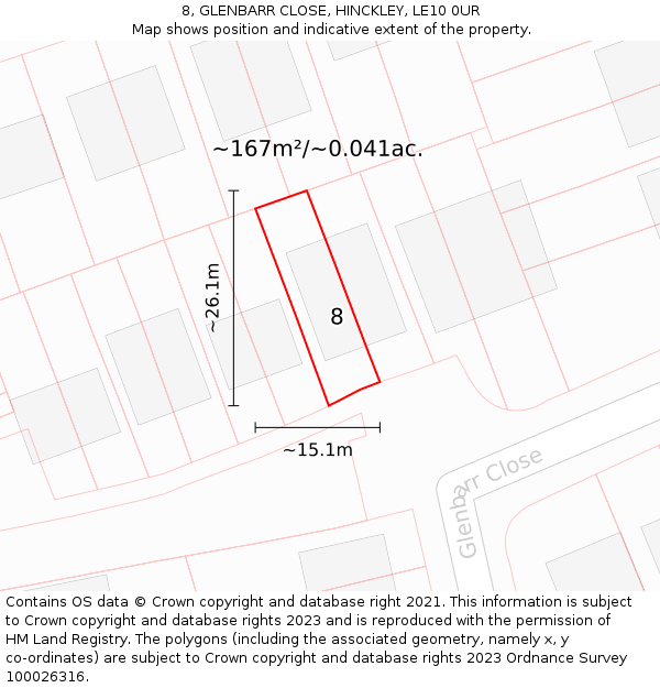 8, GLENBARR CLOSE, HINCKLEY, LE10 0UR: Plot and title map