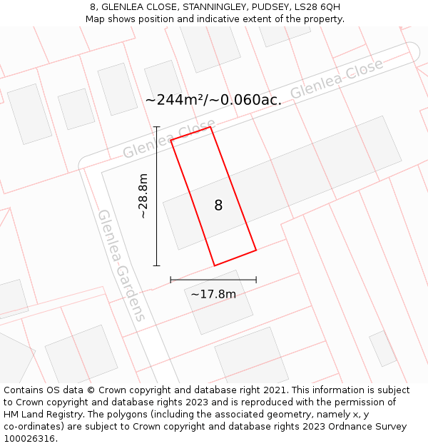 8, GLENLEA CLOSE, STANNINGLEY, PUDSEY, LS28 6QH: Plot and title map