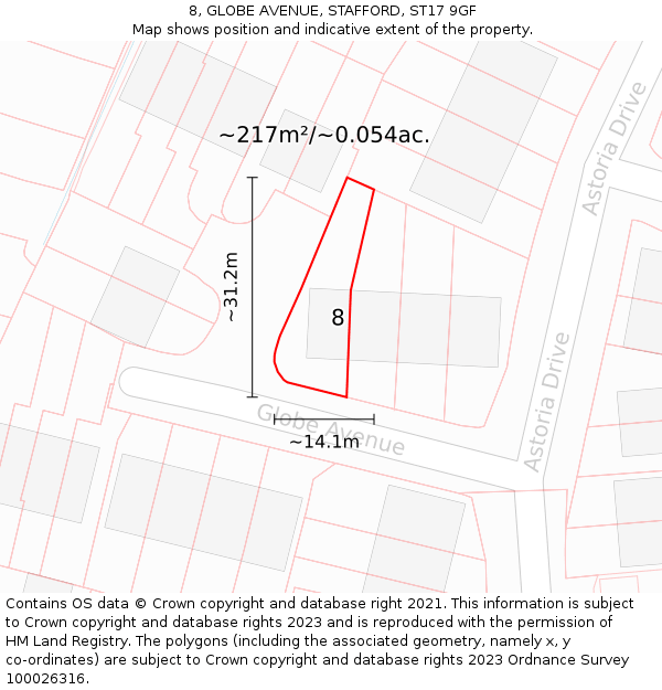 8, GLOBE AVENUE, STAFFORD, ST17 9GF: Plot and title map