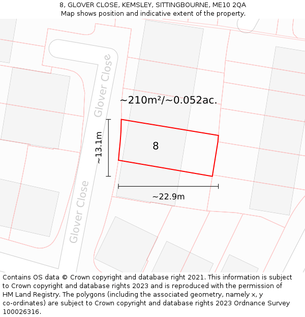 8, GLOVER CLOSE, KEMSLEY, SITTINGBOURNE, ME10 2QA: Plot and title map