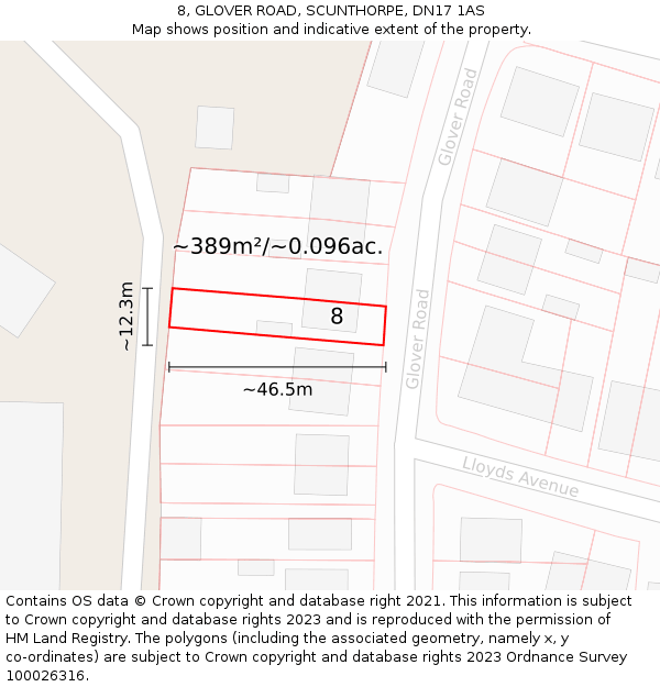 8, GLOVER ROAD, SCUNTHORPE, DN17 1AS: Plot and title map