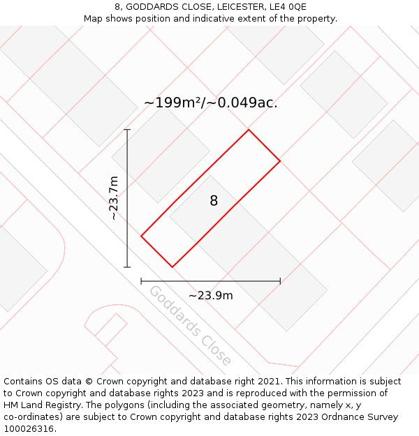 8, GODDARDS CLOSE, LEICESTER, LE4 0QE: Plot and title map