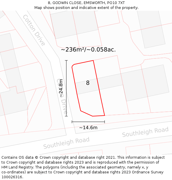 8, GODWIN CLOSE, EMSWORTH, PO10 7XT: Plot and title map