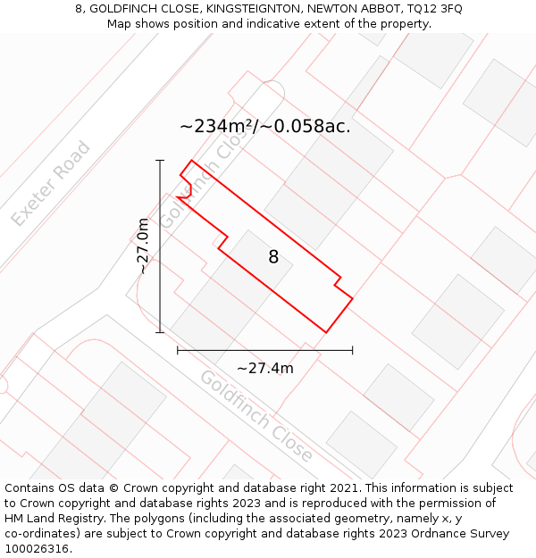 8, GOLDFINCH CLOSE, KINGSTEIGNTON, NEWTON ABBOT, TQ12 3FQ: Plot and title map