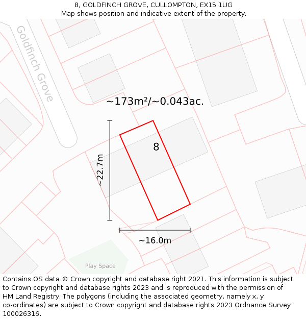 8, GOLDFINCH GROVE, CULLOMPTON, EX15 1UG: Plot and title map