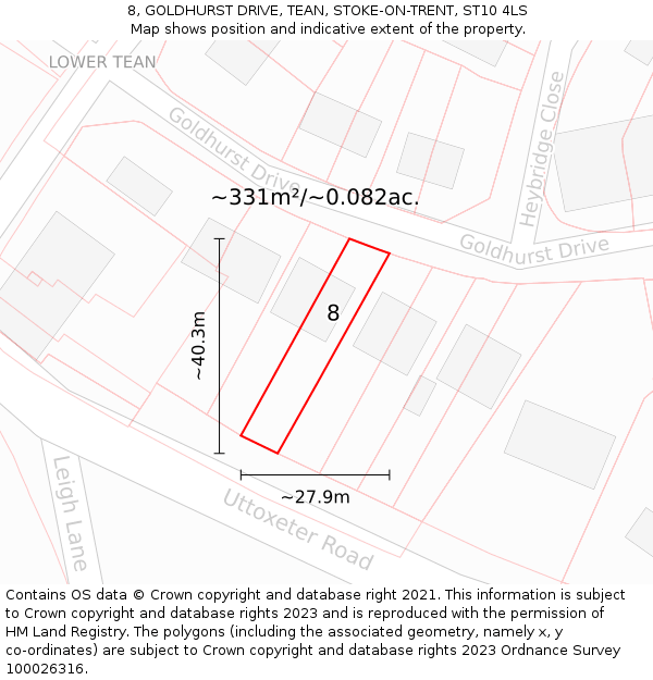 8, GOLDHURST DRIVE, TEAN, STOKE-ON-TRENT, ST10 4LS: Plot and title map