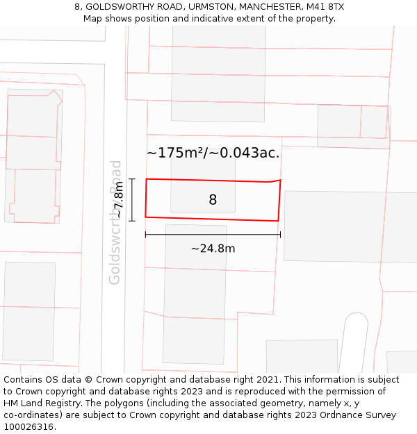 8, GOLDSWORTHY ROAD, URMSTON, MANCHESTER, M41 8TX: Plot and title map