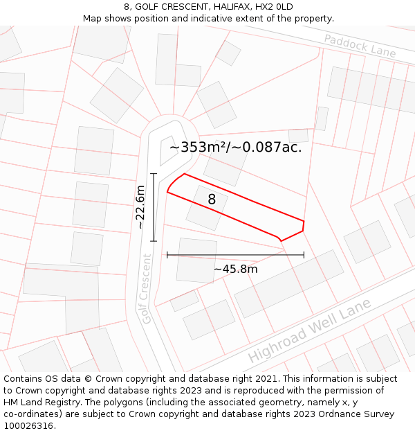8, GOLF CRESCENT, HALIFAX, HX2 0LD: Plot and title map