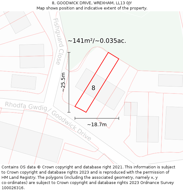 8, GOODWICK DRIVE, WREXHAM, LL13 0JY: Plot and title map