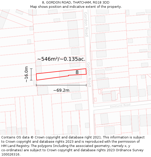 8, GORDON ROAD, THATCHAM, RG18 3DD: Plot and title map