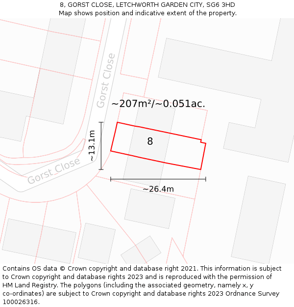 8, GORST CLOSE, LETCHWORTH GARDEN CITY, SG6 3HD: Plot and title map