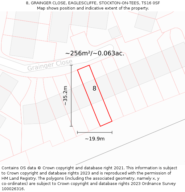 8, GRAINGER CLOSE, EAGLESCLIFFE, STOCKTON-ON-TEES, TS16 0SF: Plot and title map