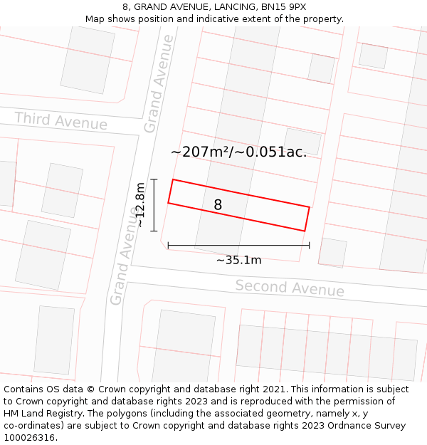 8, GRAND AVENUE, LANCING, BN15 9PX: Plot and title map