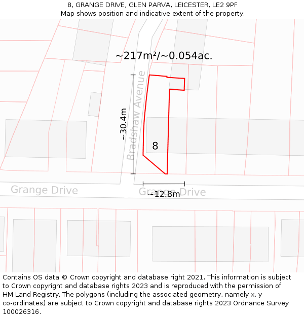 8, GRANGE DRIVE, GLEN PARVA, LEICESTER, LE2 9PF: Plot and title map