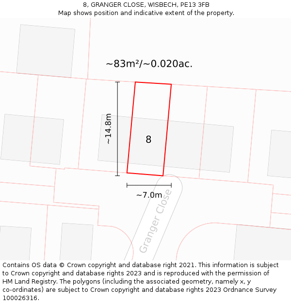 8, GRANGER CLOSE, WISBECH, PE13 3FB: Plot and title map