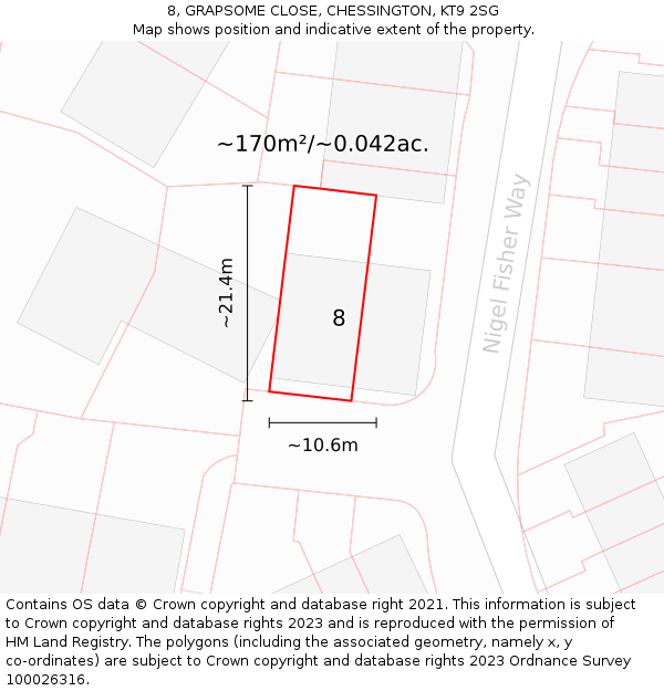 8, GRAPSOME CLOSE, CHESSINGTON, KT9 2SG: Plot and title map