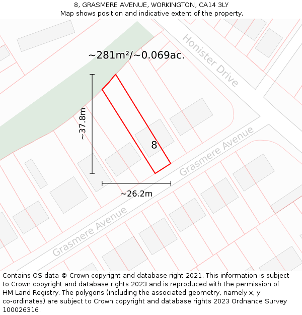 8, GRASMERE AVENUE, WORKINGTON, CA14 3LY: Plot and title map