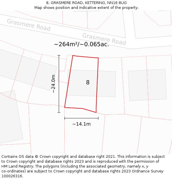 8, GRASMERE ROAD, KETTERING, NN16 8UG: Plot and title map