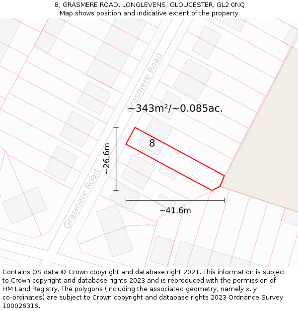8, GRASMERE ROAD, LONGLEVENS, GLOUCESTER, GL2 0NQ: Plot and title map