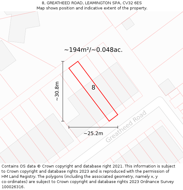 8, GREATHEED ROAD, LEAMINGTON SPA, CV32 6ES: Plot and title map