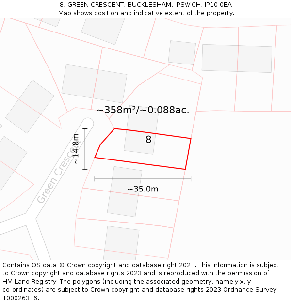 8, GREEN CRESCENT, BUCKLESHAM, IPSWICH, IP10 0EA: Plot and title map