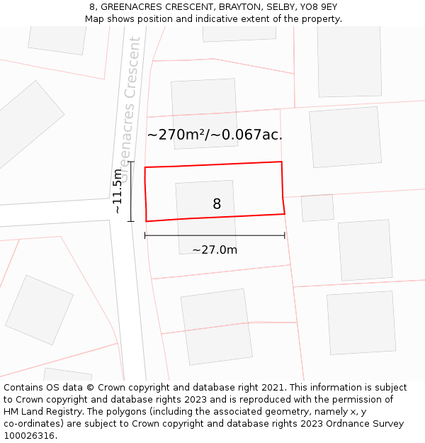 8, GREENACRES CRESCENT, BRAYTON, SELBY, YO8 9EY: Plot and title map
