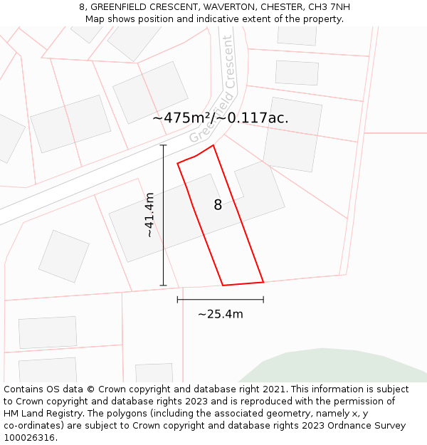 8, GREENFIELD CRESCENT, WAVERTON, CHESTER, CH3 7NH: Plot and title map