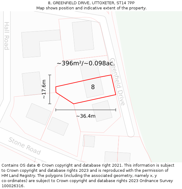 8, GREENFIELD DRIVE, UTTOXETER, ST14 7PP: Plot and title map