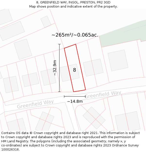 8, GREENFIELD WAY, INGOL, PRESTON, PR2 3GD: Plot and title map