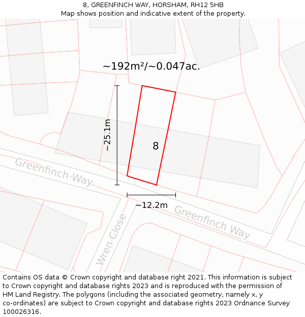 8, GREENFINCH WAY, HORSHAM, RH12 5HB: Plot and title map