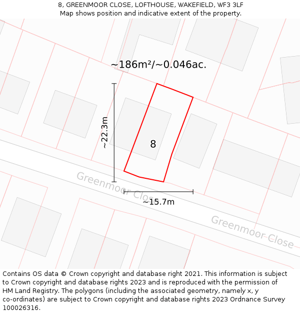 8, GREENMOOR CLOSE, LOFTHOUSE, WAKEFIELD, WF3 3LF: Plot and title map