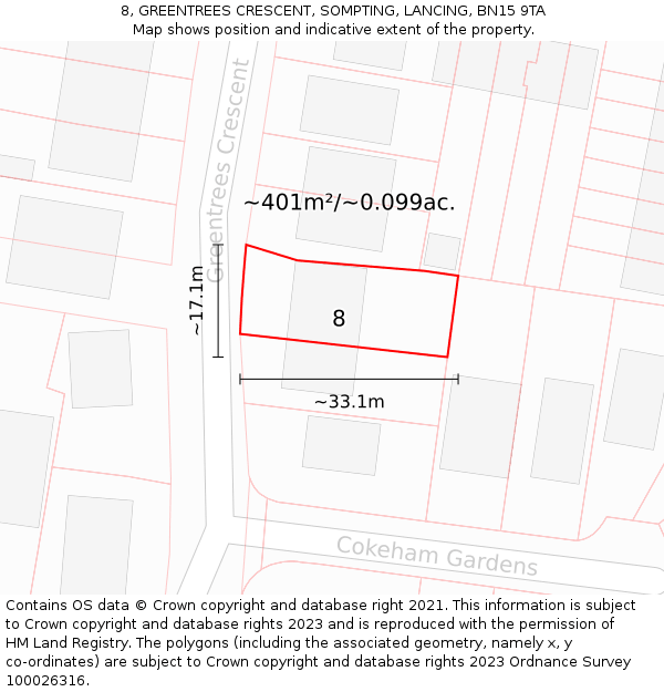 8, GREENTREES CRESCENT, SOMPTING, LANCING, BN15 9TA: Plot and title map