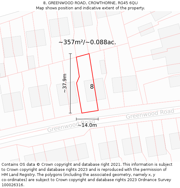 8, GREENWOOD ROAD, CROWTHORNE, RG45 6QU: Plot and title map