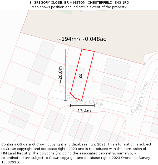 8, GREGORY CLOSE, BRIMINGTON, CHESTERFIELD, S43 1RD: Plot and title map