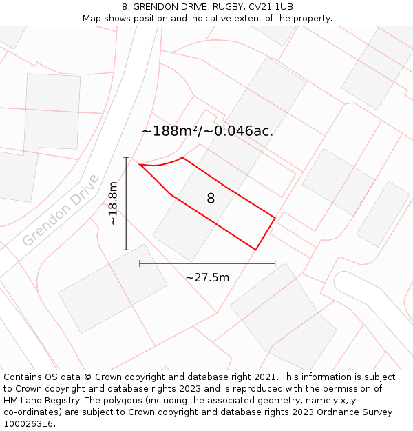 8, GRENDON DRIVE, RUGBY, CV21 1UB: Plot and title map