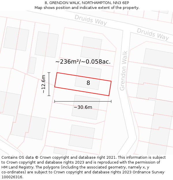 8, GRENDON WALK, NORTHAMPTON, NN3 6EP: Plot and title map
