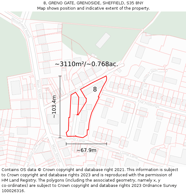 8, GRENO GATE, GRENOSIDE, SHEFFIELD, S35 8NY: Plot and title map
