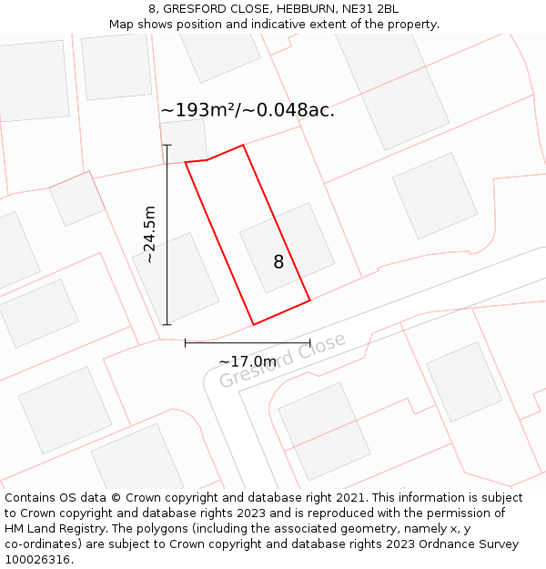 8, GRESFORD CLOSE, HEBBURN, NE31 2BL: Plot and title map