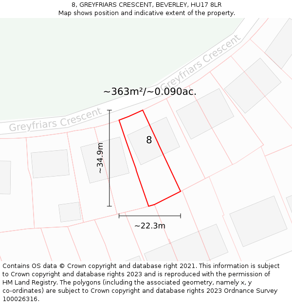 8, GREYFRIARS CRESCENT, BEVERLEY, HU17 8LR: Plot and title map
