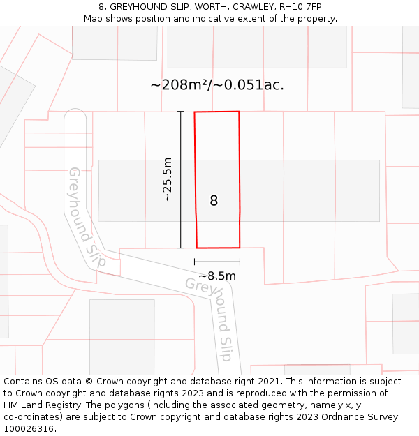 8, GREYHOUND SLIP, WORTH, CRAWLEY, RH10 7FP: Plot and title map