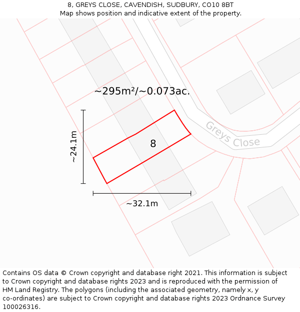 8, GREYS CLOSE, CAVENDISH, SUDBURY, CO10 8BT: Plot and title map