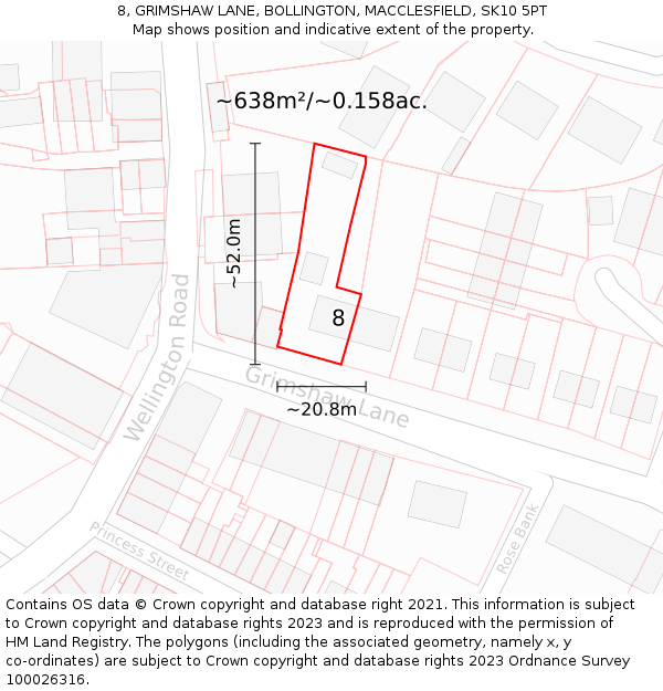8, GRIMSHAW LANE, BOLLINGTON, MACCLESFIELD, SK10 5PT: Plot and title map