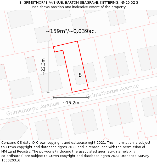 8, GRIMSTHORPE AVENUE, BARTON SEAGRAVE, KETTERING, NN15 5ZG: Plot and title map