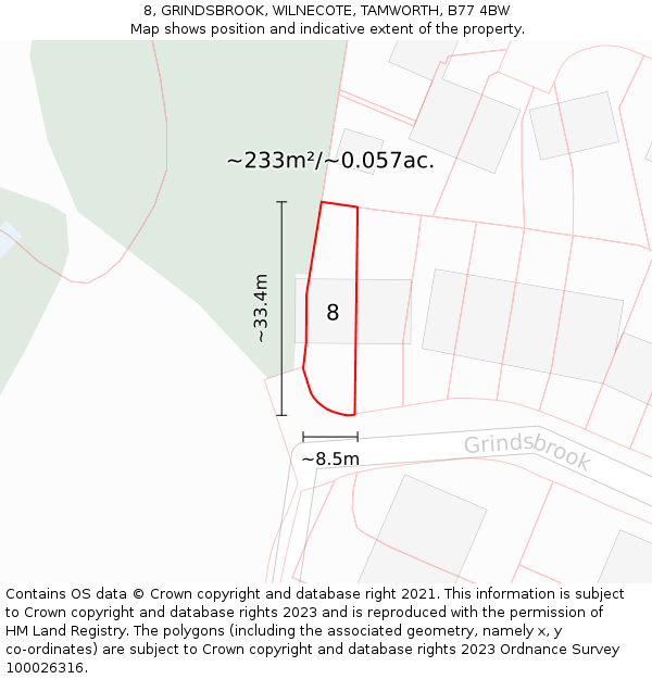 8, GRINDSBROOK, WILNECOTE, TAMWORTH, B77 4BW: Plot and title map