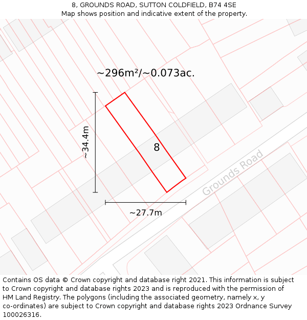 8, GROUNDS ROAD, SUTTON COLDFIELD, B74 4SE: Plot and title map