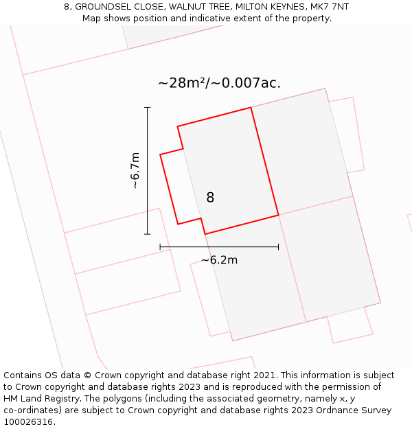 8, GROUNDSEL CLOSE, WALNUT TREE, MILTON KEYNES, MK7 7NT: Plot and title map