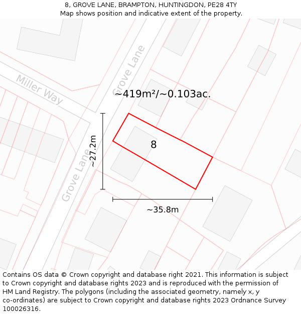 8, GROVE LANE, BRAMPTON, HUNTINGDON, PE28 4TY: Plot and title map